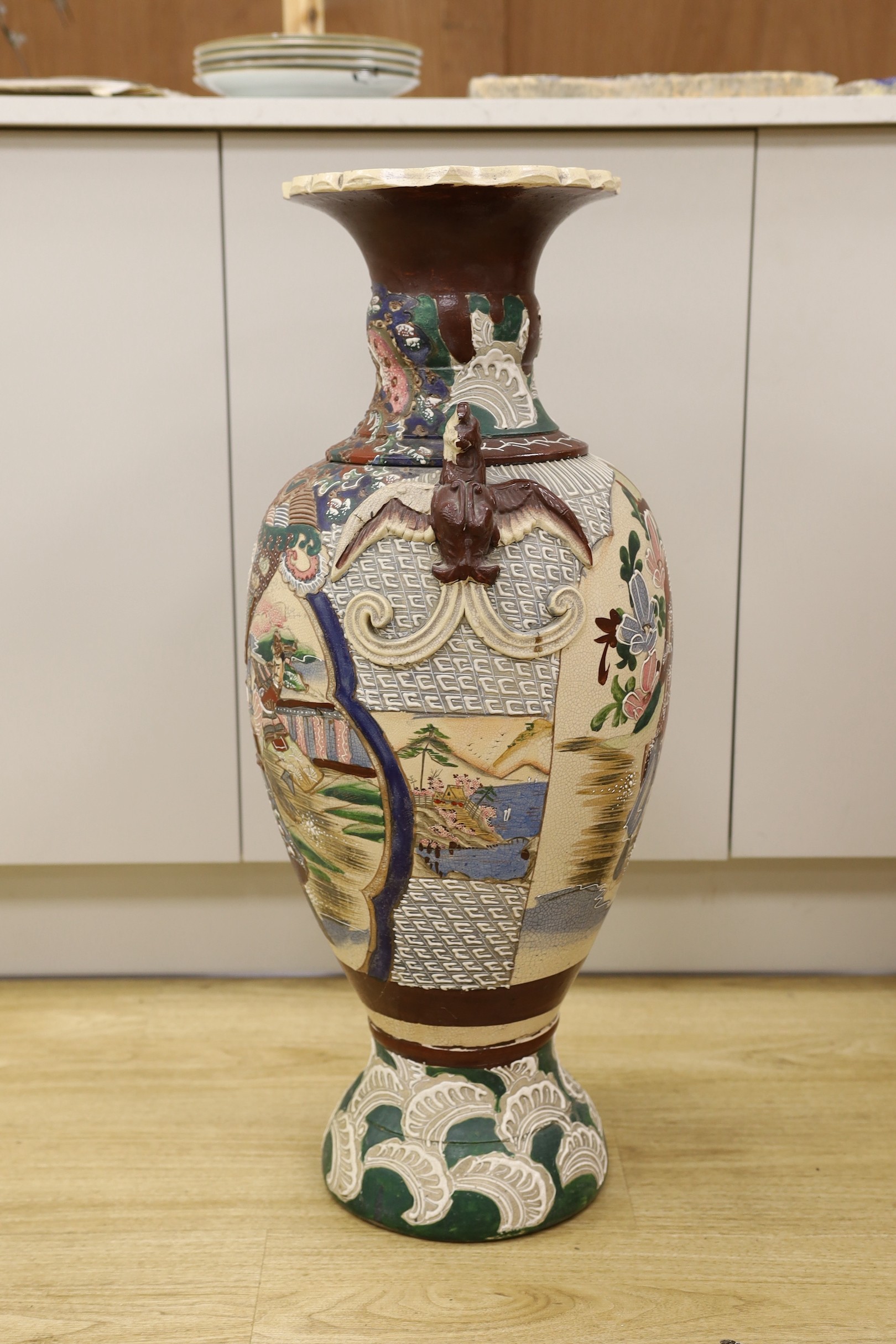 A massive Japanese Satsuma pottery vase, 81cm